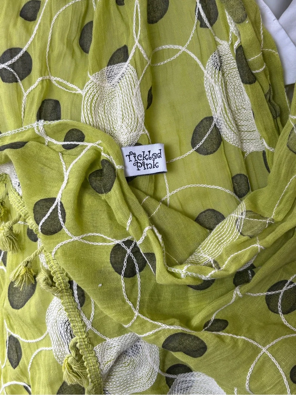 Tickled Pink 100% cotton Lime Green Polka Dot Scarf/ White Embroidery & Tassels